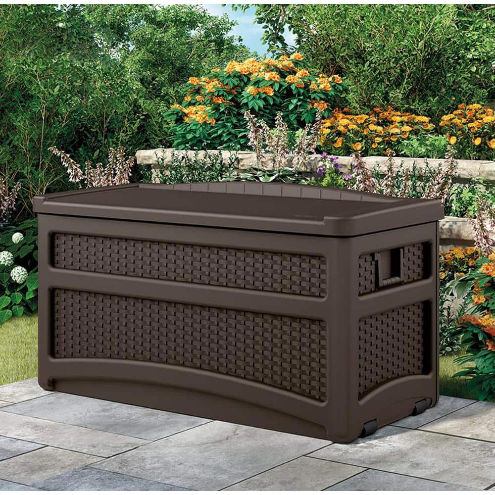 Brown Lockable Plastic Wicker Deck Box with Wheels