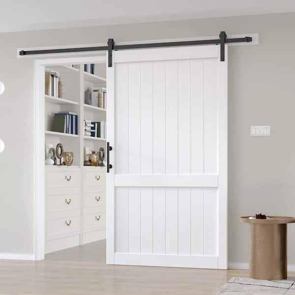 48 in. x 84 in. White DH Shape MDF Sliding Barn Door with Hardware Kit
