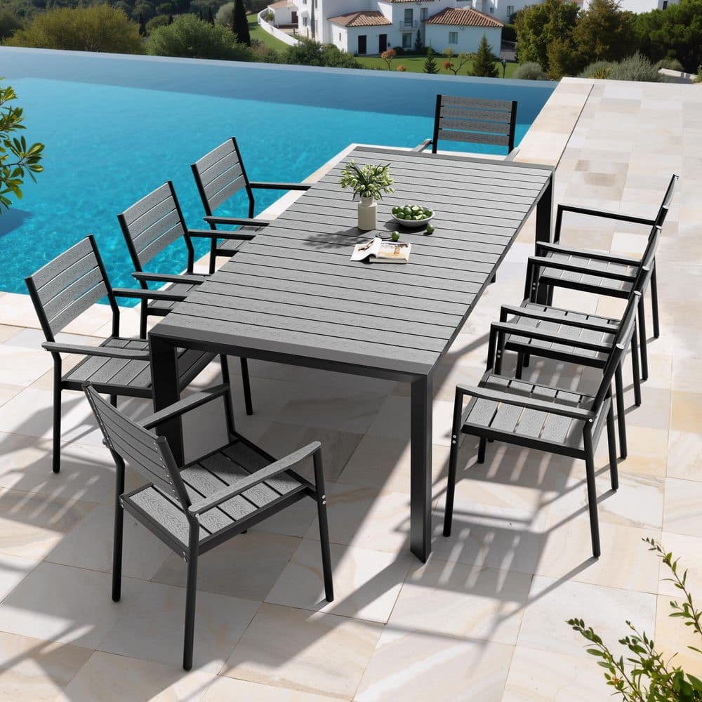 9-Piece 84 in. Aluminum Wood-Like Patio Outdoor Dining Set with Umbrella Hole and Stackable Arm Chair in Dark Gray price history on PriceWatchPro