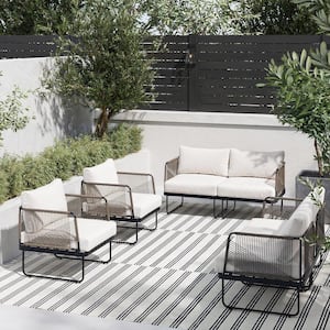 Isla Bohemian 4-Piece Conversation Patio Set, Metal Outdoor Loveseat and Chair Set with White Cream Cushions
