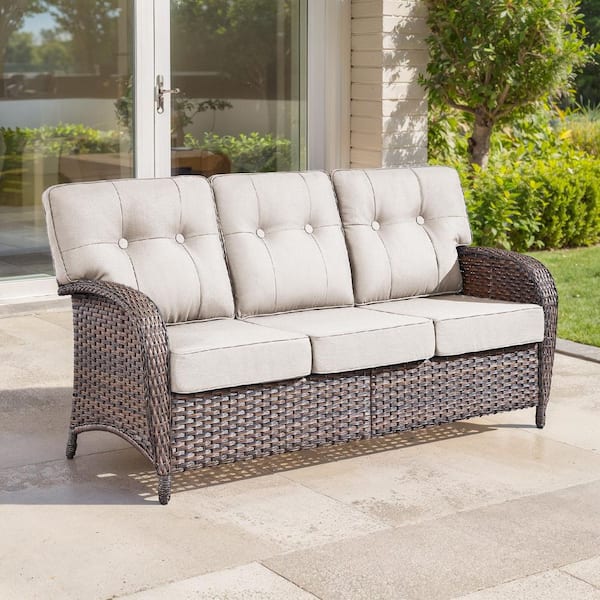 TWrap Brown Wicker Outdoor 3-Seat Couch with T-Shaped Back and 5 in. Thick Beige Box-Edge Cushions