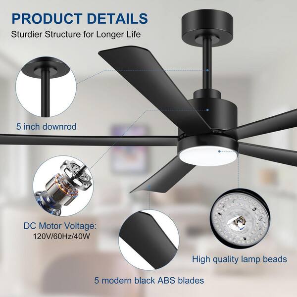 Lamober Ezekiel 52 in. Indoor Black Modern Ceiling Fan with