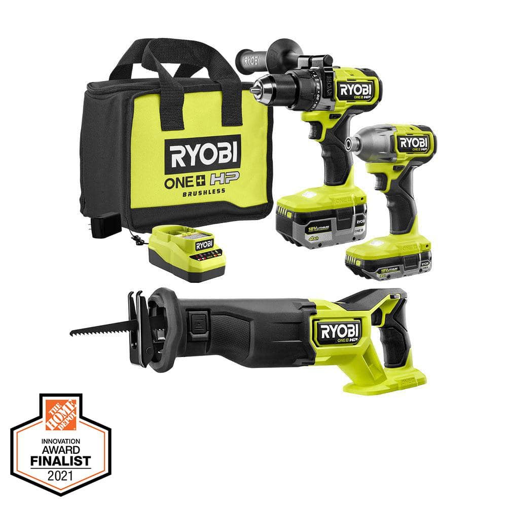 RYOBI ONE+ HP 18V Brushless Cordless 3-Tool Combo Kit w/Hammer Drill,  Impact Driver, Recip Saw, Batteries, Charger, and Bag PBLCK02K-PBLRS01B -  The Home Depot