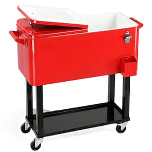 80 qt. Rolling Ice Chest, Portable Bar Drink Cooler with Catch Basin, Bottom Storage Tray and Bottle Opener, Red