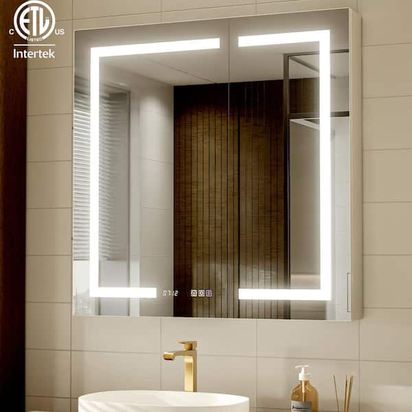 AZDHOME 36 in. W x 36 in. H Silver Aluminum Rectangular Recessed/Surface Mount LED Medicine Cabinet with Mirror and Clock