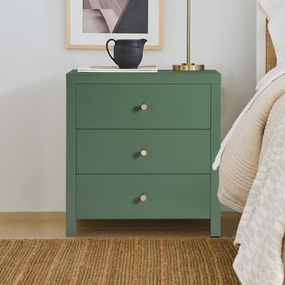 Nolan Vintage Green 3-Drawer Wood Nightstand with Gold Knobs