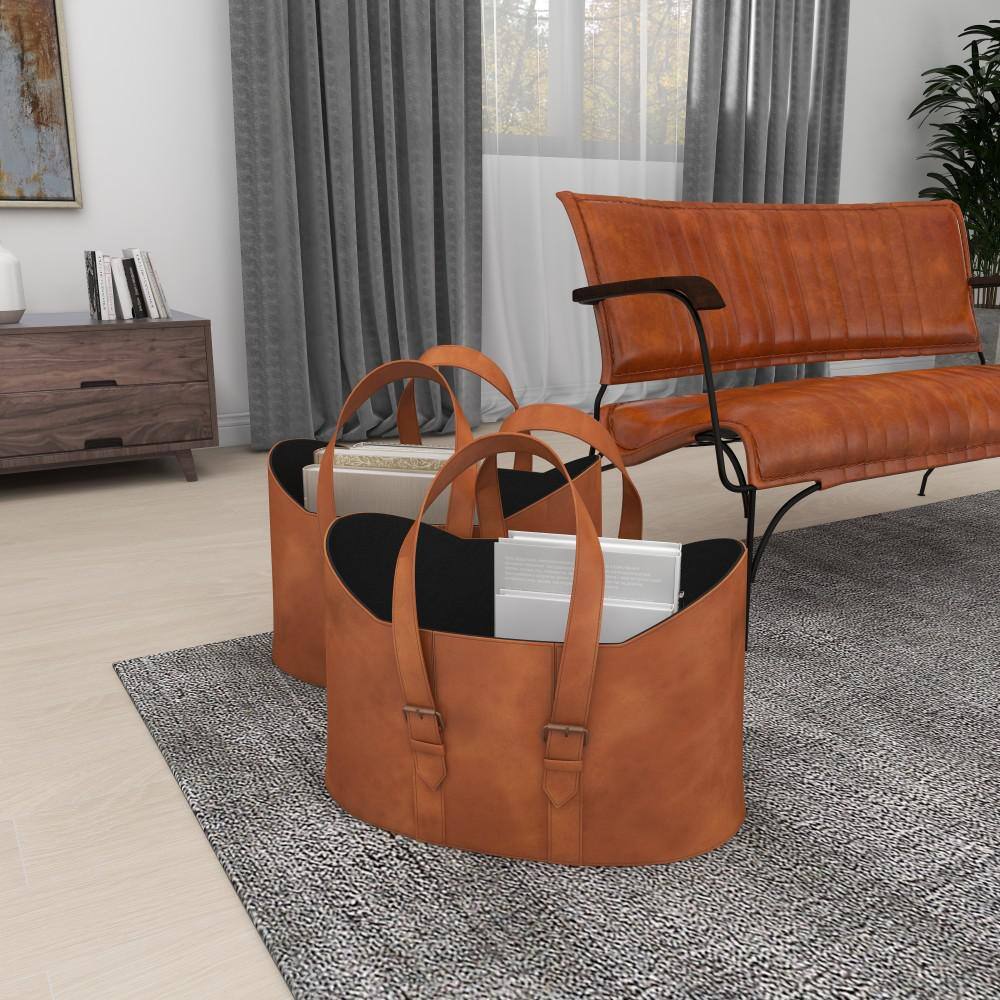 Handmade Dark Brown Leather Freestanding Magazine Holder Set