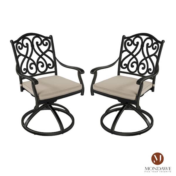 Mondawe Black Cast Aluminum Metal Outdoor Patio Stackable Retro Pattern Swivel Dining Chair with Beige Cushion for Yard (2-Pack)
