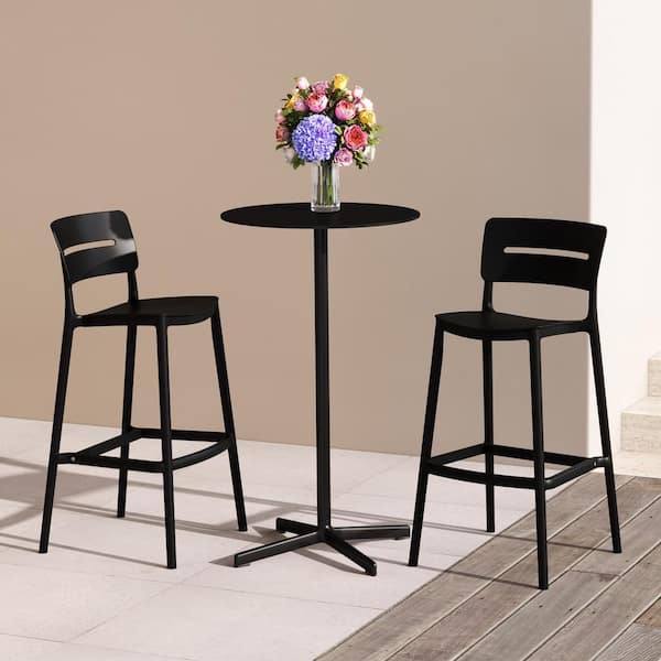 Frond and Form Modern Outdoor Patio Poly Plastic Stackable 29.5 in. Bar Stool (Set of 2), Black