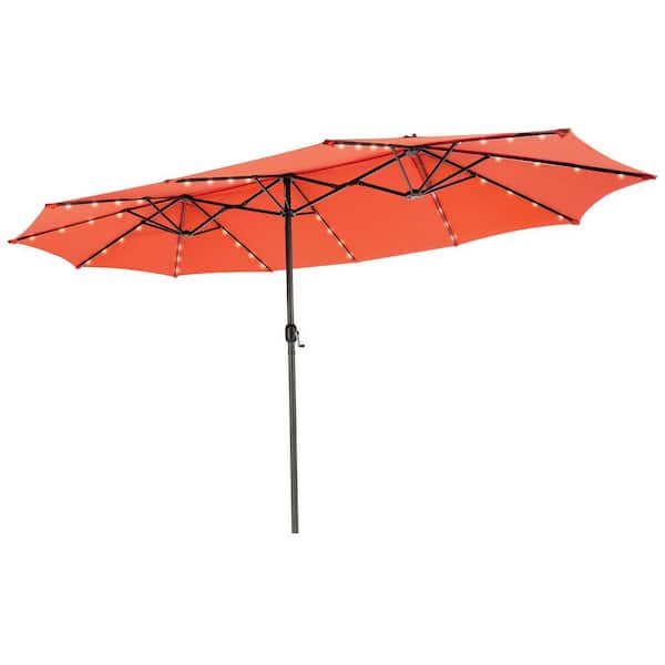 ANGELES HOME 15 ft. Steel Market Twin Patio Umbrella with 48 Solar LED Lights in Orange