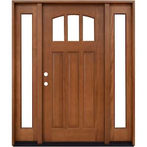 60 in. x 80 in. Craftsman 3 Lite Arch Stained Mahogany Wood Prehung Front Door with Sidelites