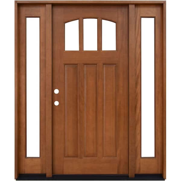 Steves & Sons 64 in. x 80 in. Craftsman 3 Lite Arch Stained Mahogany Wood Prehung Front Door with Sidelites