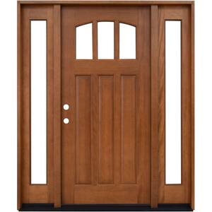64 in. x 80 in. Craftsman 3 Lite Arch Stained Mahogany Wood Prehung Front Door with Sidelites