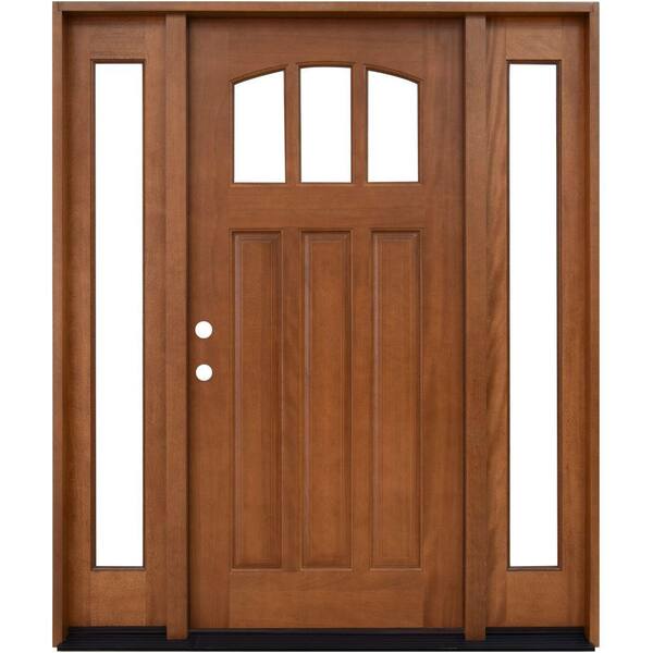 Steves & Sons 68 in. x 80 in. Craftsman 3 Lite Arch Stained Mahogany Wood Prehung Front Door with Sidelites