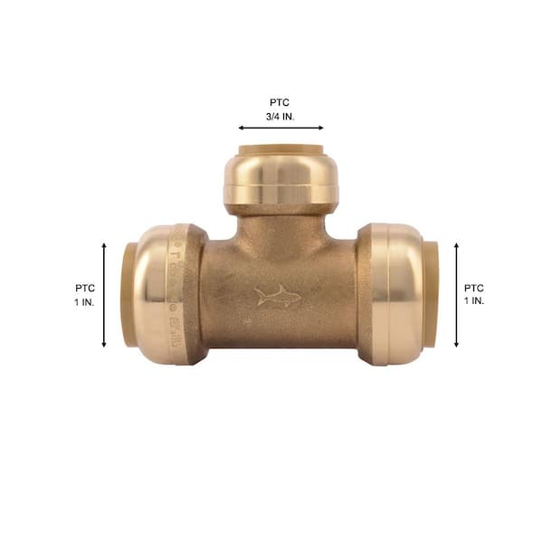 Push-Fit Push to Connect Lead-Free Brass Tee 1" x 1" x 3/4" Sharkbite Style 