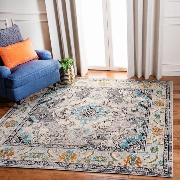 Monaco Gray/Light Blue 7 ft. x 7 ft. Distressed Border Medallion Square Area Rug