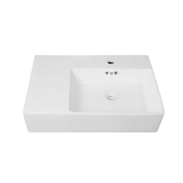 23.4 in. x 6.5 in. Rectangular Wall Mounted Bathroom Sink in White Ceramic with Overflow Holes