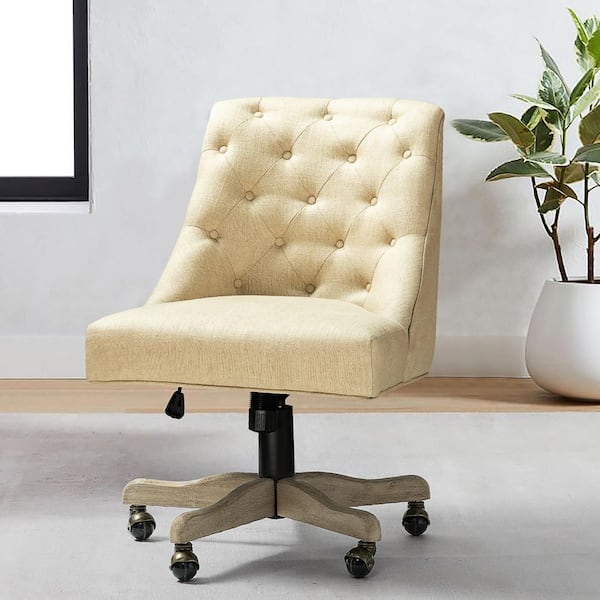 Wateday Beige Tufted Back Office Chairs, White Wooden Desk Chair Without Wheels