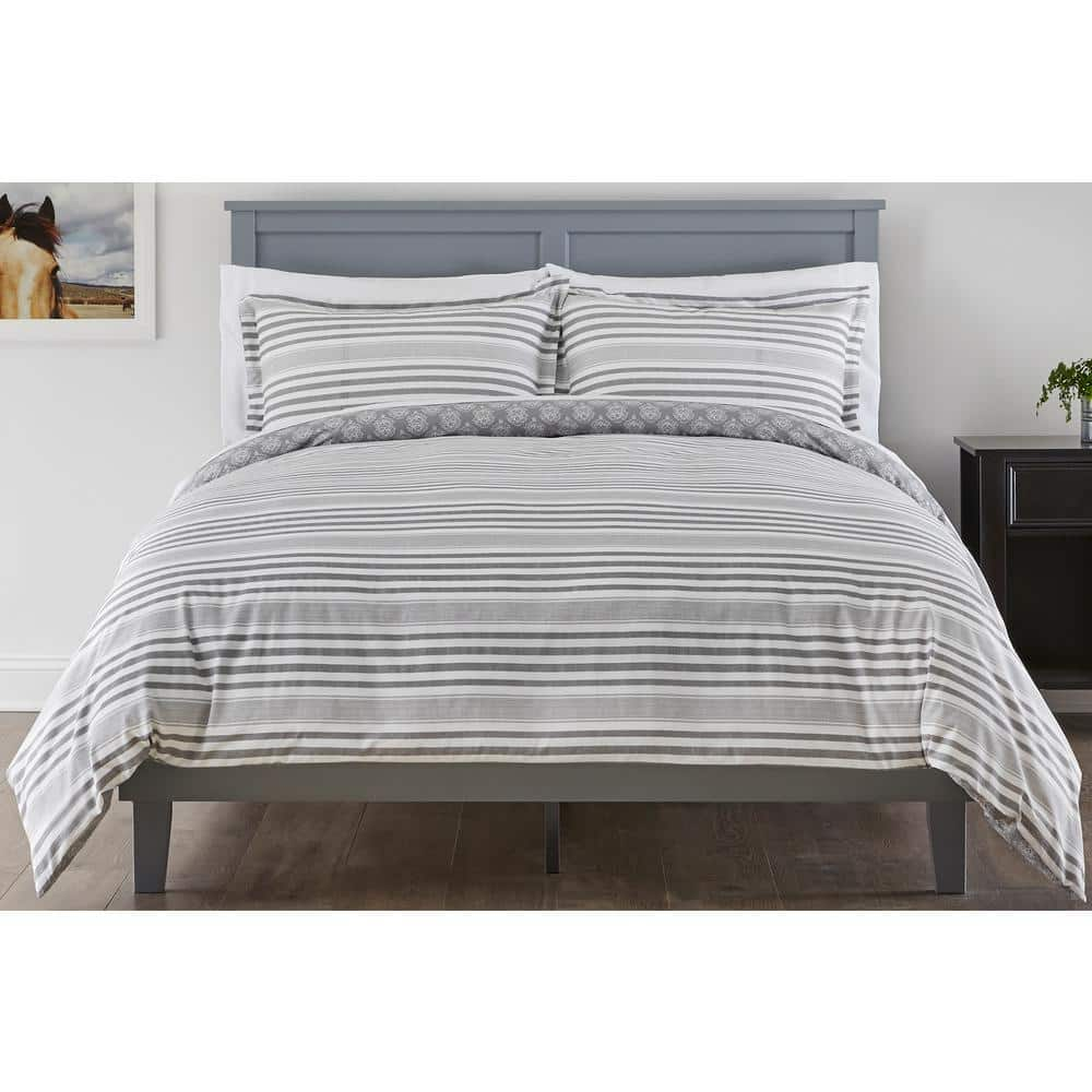 StyleWell Malcolm 3-Piece Stone Gray Stripe Full/Queen Duvet Cover Set ...