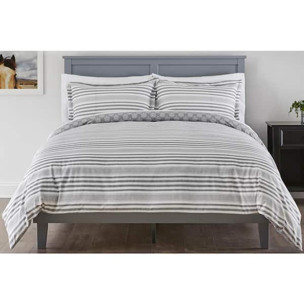 StyleWell Malcolm 3-Piece Stone Gray Stripe Full/Queen Duvet Cover Set