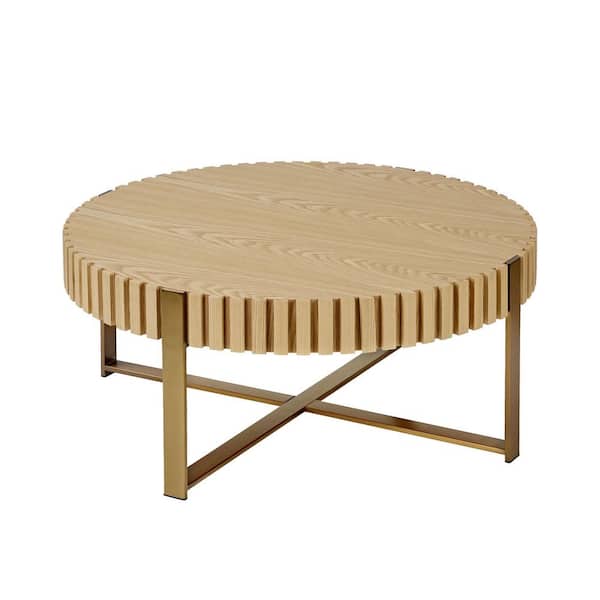 31.5 in. Natural Ash Wood Round Indoor/Outdoor Coffee Table with Sturdy Metal Pedestal