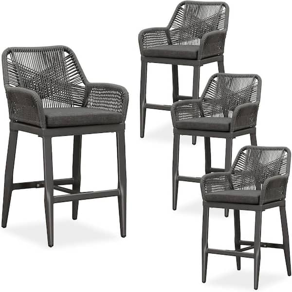 PURPLE LEAF Modern Aluminum Rattan Counter Height Outdoor Bar Stool with Back and Grey Cushion (4-Pack)