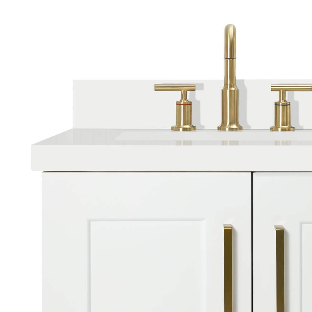 White Quartz Top Single Sink Bathroom Vanity with Brass Hardware