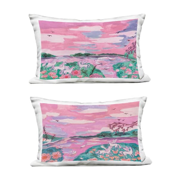 Unicorn Nature Whimsy Pink Rectangular Outdoor Throw Pillow 2-Pack