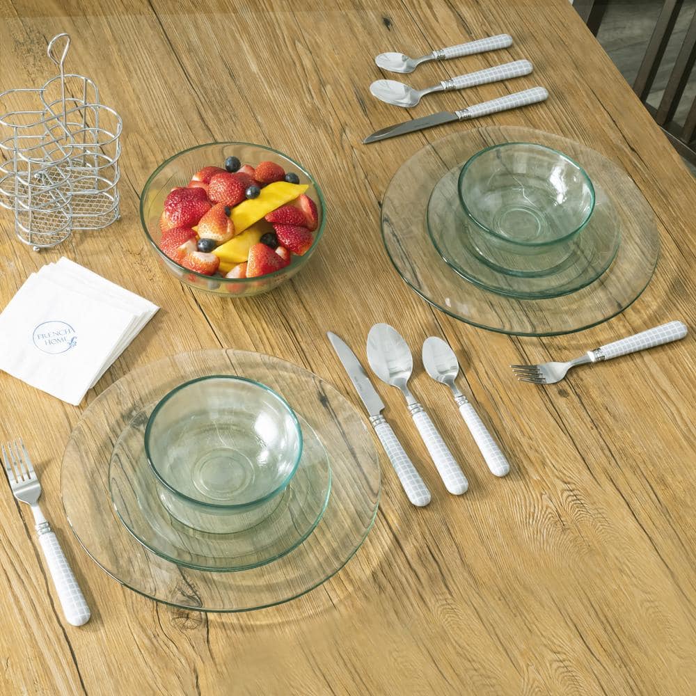 Geometric Grid Stainless Steel Flatware Set in Cool-Toned Gray and White
