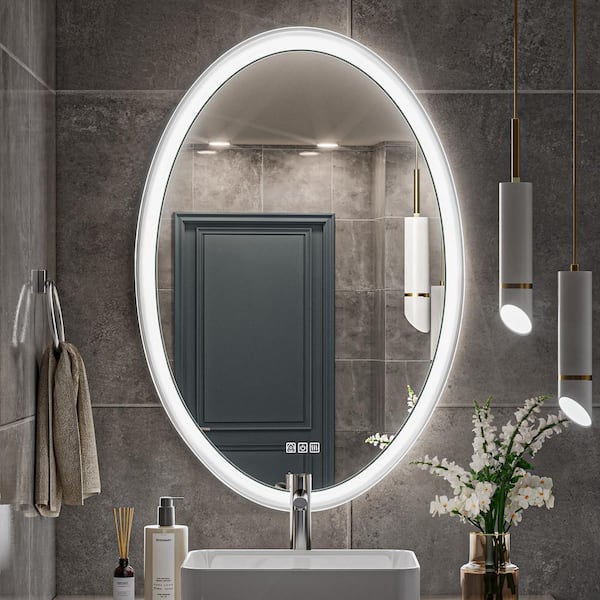 QueenFun Lindia 24 in. W x 36 in. H Oval Framed Anti-Fog Lighted Wall Mount Bathroom Vanity Mirror in White