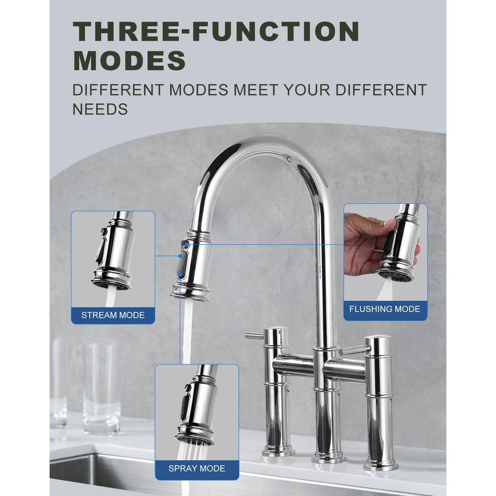 Polished Chrome Double Handle Bridge Kitchen Faucet with Pull Down Sprayer