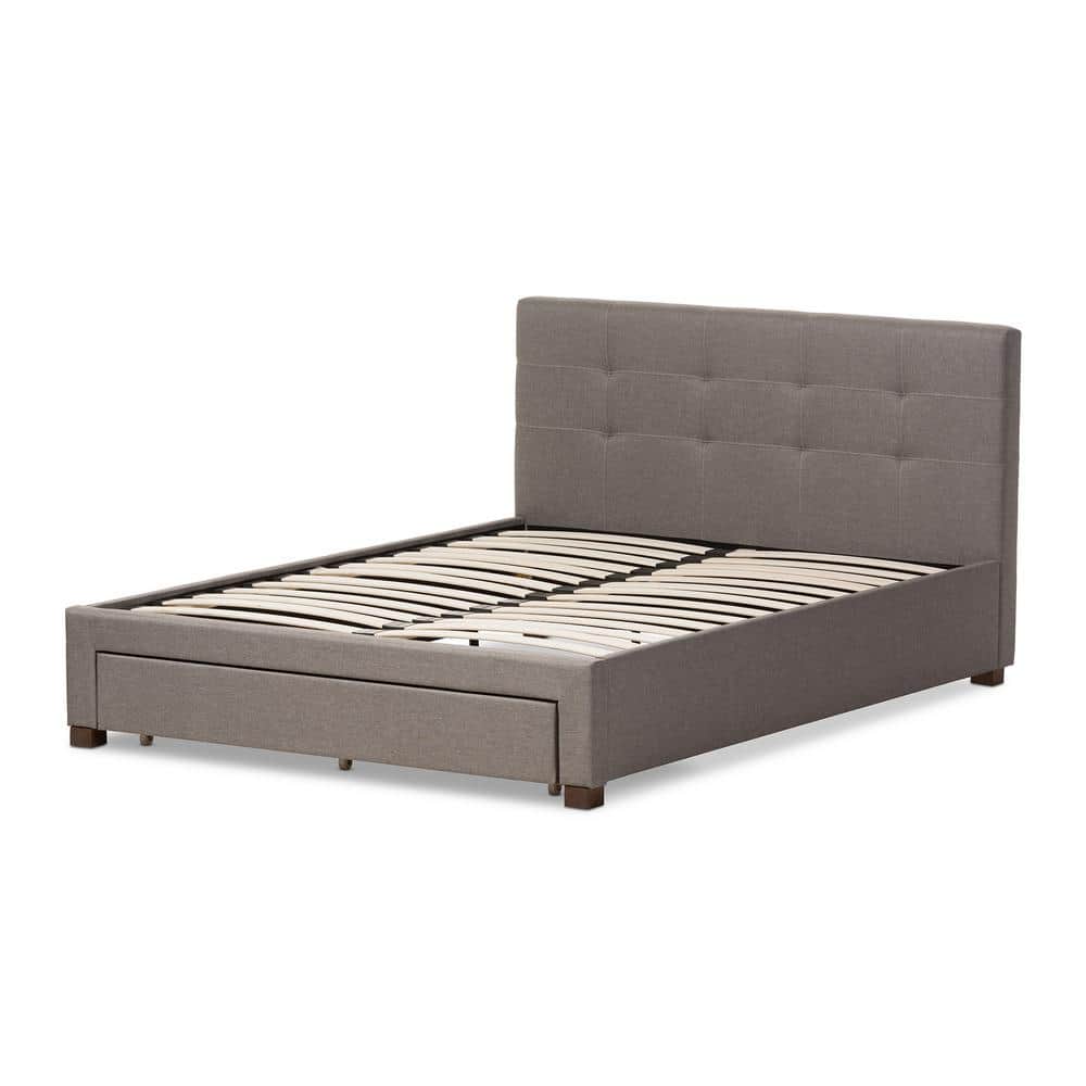Grey Upholstered Queen Platform Bed with Storage Drawer