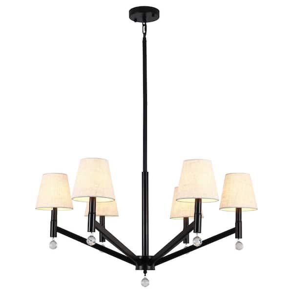 ADSENSTY 32.28 in. 6-Light Modern Matte Black Chandelier with Traditional Linen Shades for Dining Room