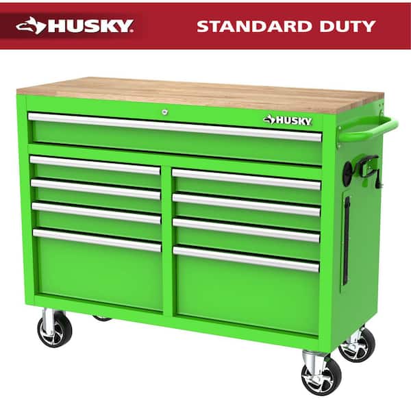 46 in. W x 18 in. D 9-Drawer Gloss Green Mobile Workbench Cabinet with Solid Wood Top