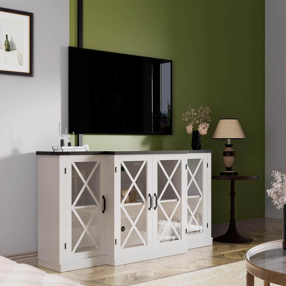 White Farmhouse 63" TV Stand with Glass Cabinet Doors