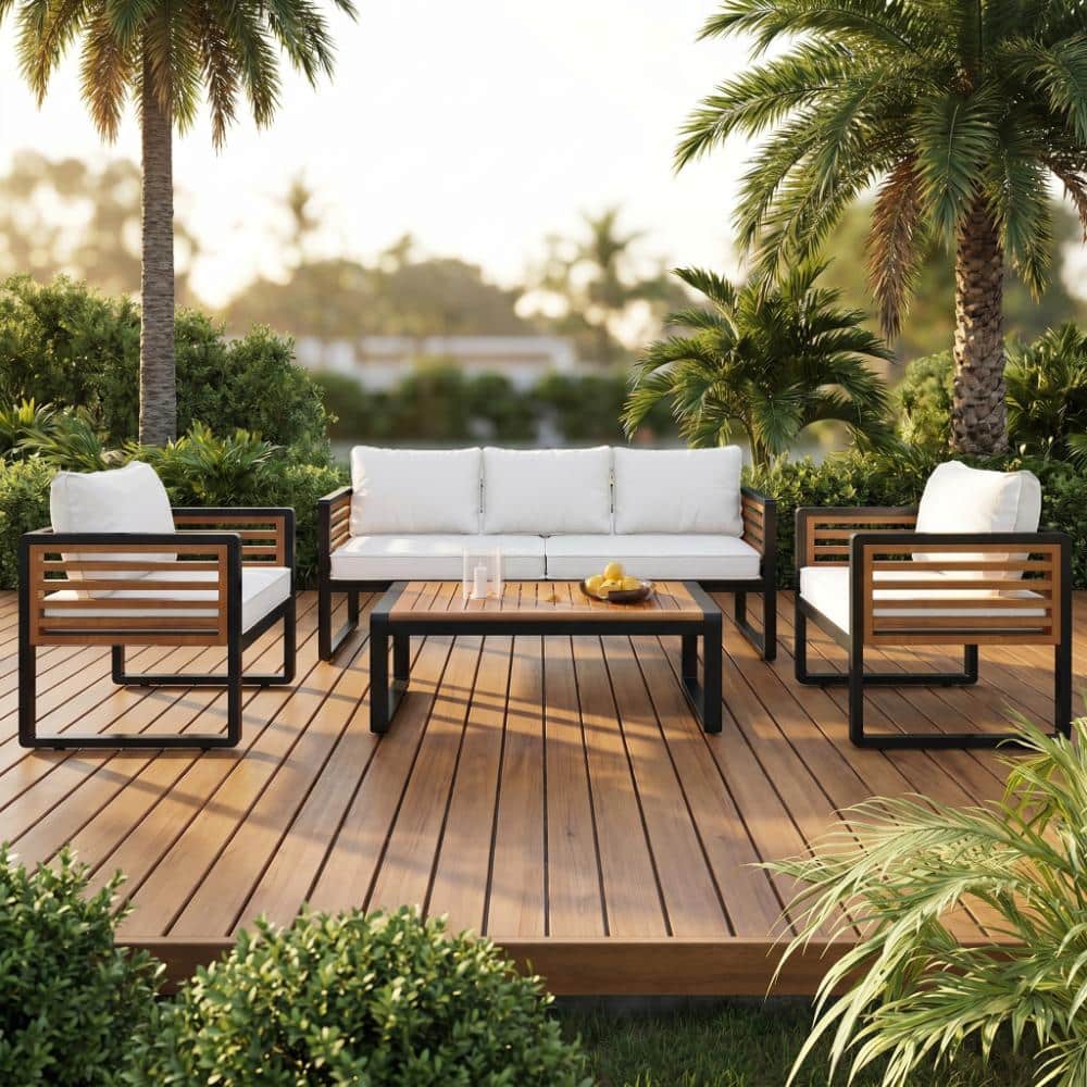 Large 4-Piece Black Metal and Brown Acacia Wood Outdoor Patio Conservation Sectional Sofa Set with Beige Cushion price history on PriceWatchPro