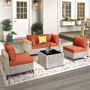 Apollo 5-Piece Wicker Outdoor Patio Conversation Seating Set with Orange Red Cushions