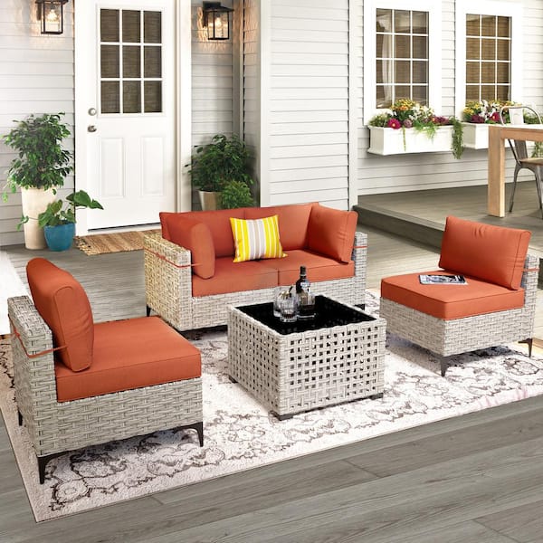 XIZZI Apollo 5-Piece Wicker Outdoor Patio Conversation Seating Set with Orange Red Cushions