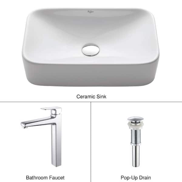 KRAUS Soft Rectangular Ceramic Vessel Sink in White with Virtus Faucet in Chrome