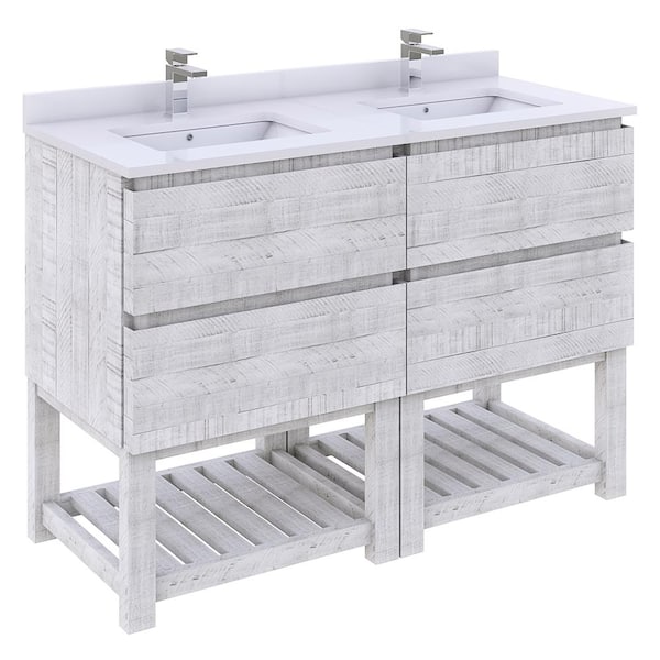 Fresca Formosa 48 in. Double Sink Freestanding Open Bottom Rustic White Bath Vanity with White Quartz Top and Ceramic Sink