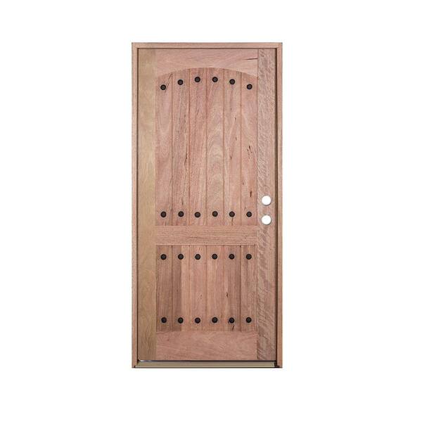 Exclusive Wood Doors 36 in. x 80 in. V-Groove 2-Panel Rustic Unfinished Distressed Mahogany Left-Hand Solid Wood Prehung Front Door