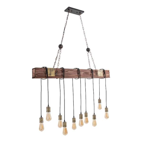 46.46 in. 10-Light Rustic Industrial Brown Linear Island Chandelier Metal and Wood Pendant Lamp