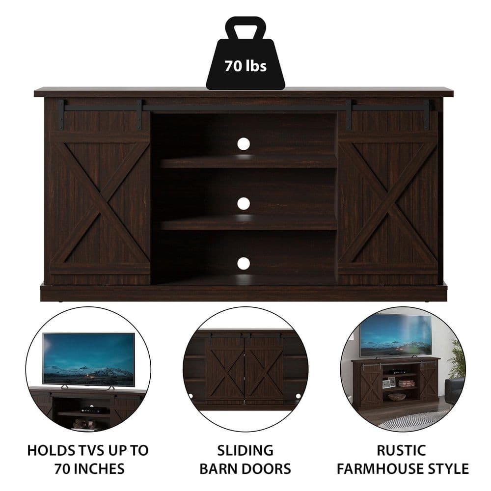 Sawcut Espresso 63" Brown Wood TV Stand with Sliding Barn Doors