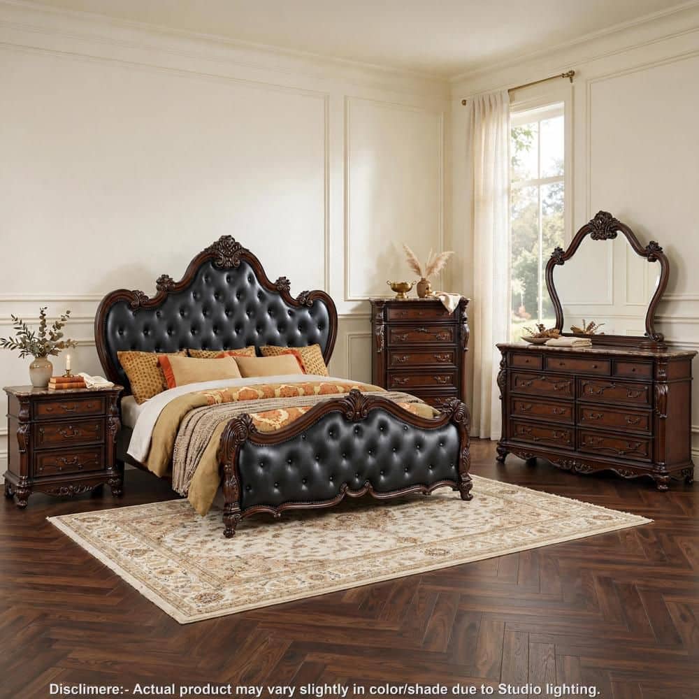 Benjara Ventra 5-Piece Cherry Brown and Black Wood Queen Bedroom