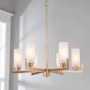 27.5 in. W 6-Light Gold Modern Farmhouse Chandelier Kitchen Island Chandelier with Frosted Glass Shades