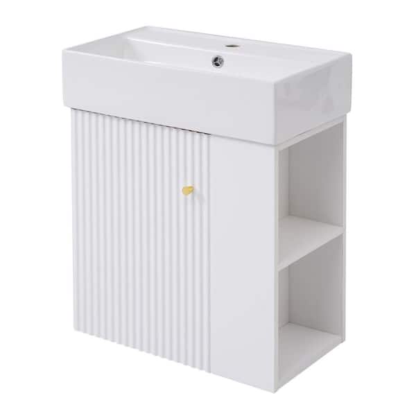 21.6 in. Single Sink Floating White Bath Vanity with White Ceramic Top MDF Right Side Storage Vanity Unassembled