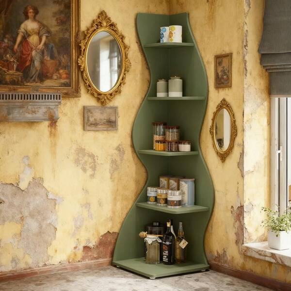 Seafuloy 70 in. Tall Green Engineered Wood Accent Bookcase, Corner