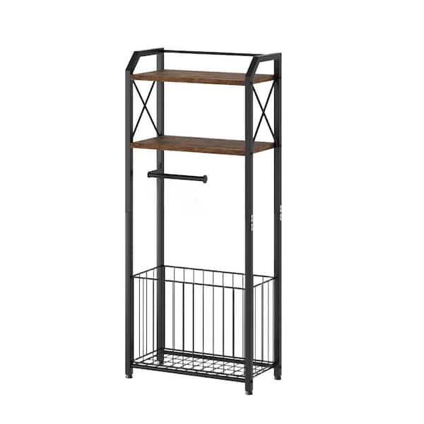 4-Tier Freestanding Toilet Paper Holder Stand, Bathroom Tissue Organizer with Wood Shelves and Large Basket in Black