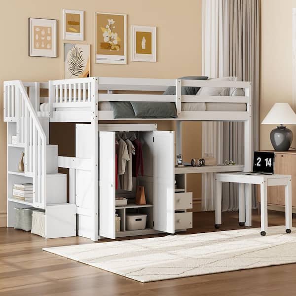 White Full Size Wood Loft Bed with Desk, Bookshelf and Wardrobe