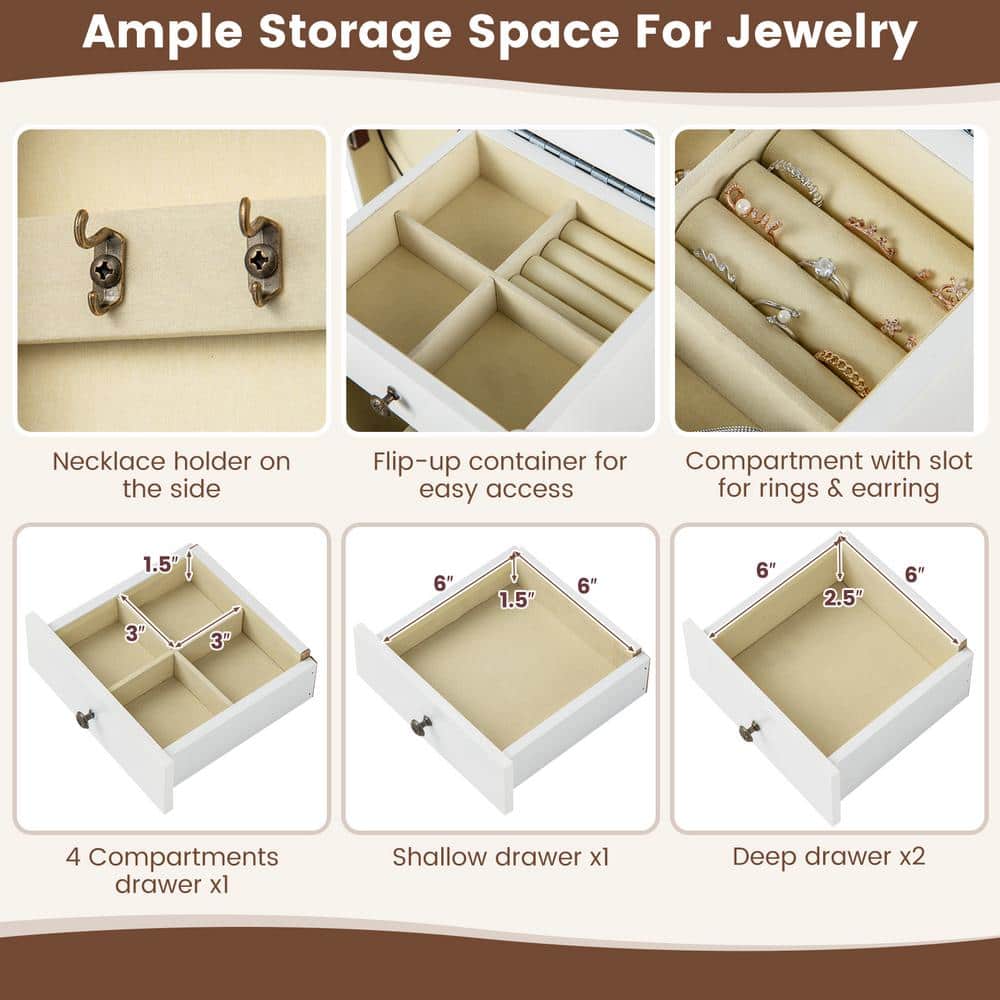 White Wall Mounted Jewelry Armoire with Mirror and Drawers